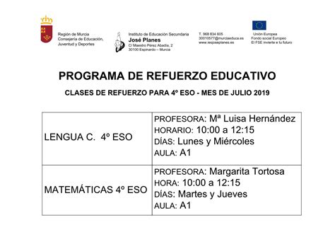 PROGRAMA DE REFUERZO EDUCATIVO JULIO 2019 IES JOSÉ PLANES