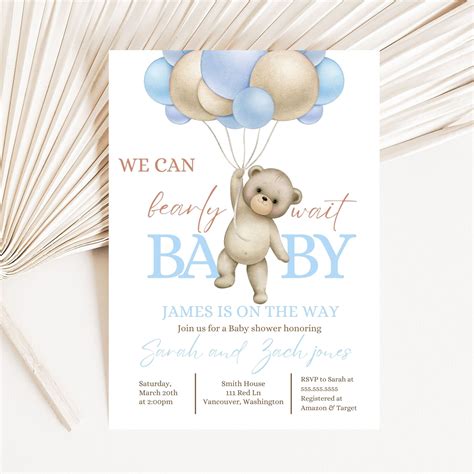 Editable Teddy Bear Hot Air Balloon Bear Theme Baby Shower Invitation We Can Bearly Wait Invites