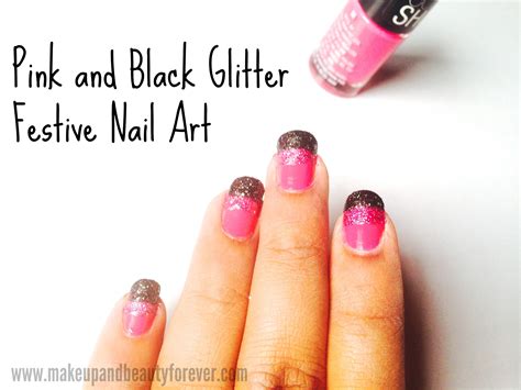 Pink And Black Glitter Festive Nail Art Tutorial