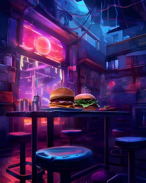 Mundo Futurista Dos Hamburguesas En Una Mesa En Un Restaurante Vector