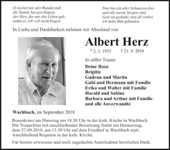 Traueranzeigen Von Albert Herz Trauerportal Ihrer Tageszeitung