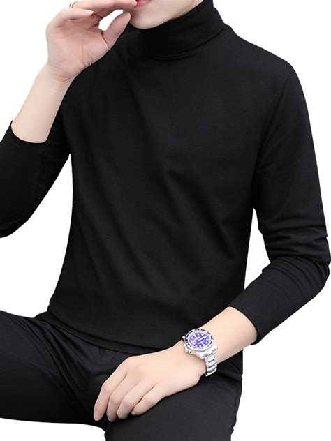 Frontwalk Mens Long Sleeve Tops Casual Cotton T Shirt For Winter Solid Color Turtleneck