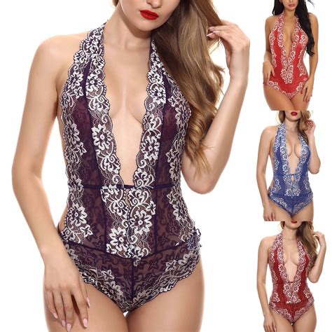Elainilye Fashion Womens One Piece Lingerie Deep V Mesh Sheer Bodysuit
