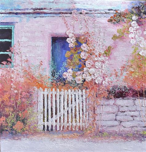 Hollyhocks And A Blue Door Oil Painting Details In Comments Rartstore