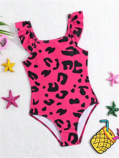 Young Girl Pink Leopard Print Swimsuit Random Print Without Hemming