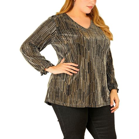 Unique Bargains Womens Plus Size Glitter Sparkle V Neck Metallic