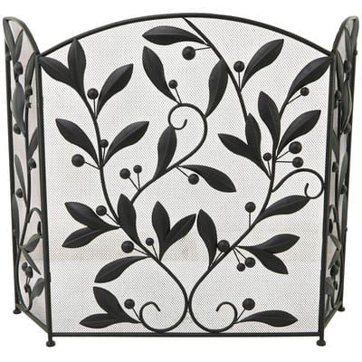 Black Metal Foldable Mesh Netting 3 Panel Scroll Fireplace Screen with Leaf and Vine Relief 45 ...