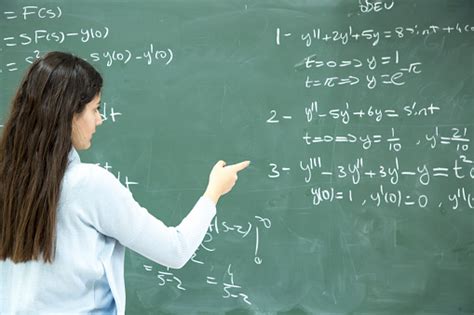 Siswa Perempuan Menulis Rumus Matematika Di Depan Papan Tulis Foto Stok