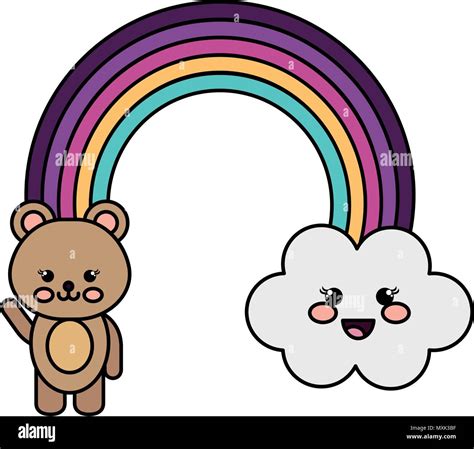 Cute Rainbow With Cloud And Teddy Kawaii Characters Stock Vector Image