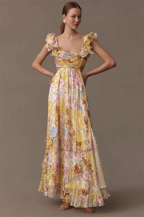 Bhldn Alivia Chiffon Cutout Printed Midi Dress Anthropologie