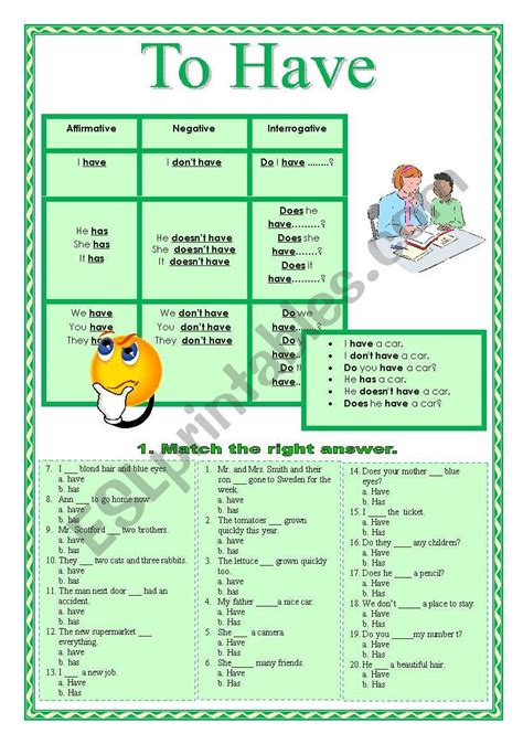 To Have Esl Worksheet By Patyht