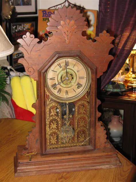 Antique Ingraham Gingerbread Wooden Mantel Shelf Clock With Key