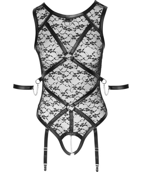 Cottelli Lingerie Bondage Black Sheer Mesh Crotchless Suspender