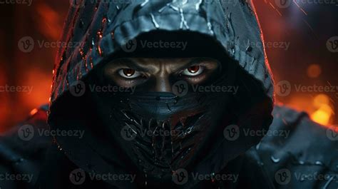 An angry, mysterious man in a black hoodie with red light in his eyes ...