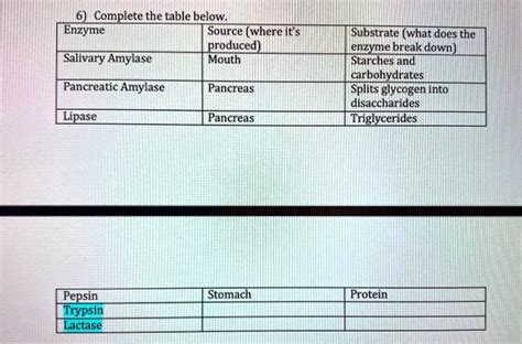 SOLVED Complete The Table Below Enzyme Source Where It Produced