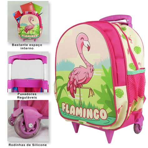 Kit Mochila De Rodinhas Tam M Lancheira E Estojo Flamingo Elo