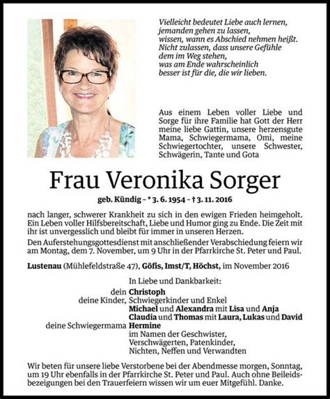 Todesanzeigen Von Veronika Sorger Todesanzeigen Vorarlberger Nachrichten