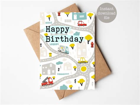 Printable Boys Happy Birthday Card Road Map Kids Birthday Etsy