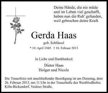 Traueranzeigen Von Gerda Haas Wirtrauern