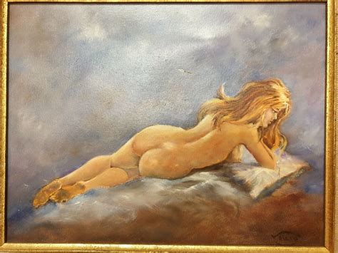 Tableau de femme nue allongée huile sur toile signée Naked Woman Nu