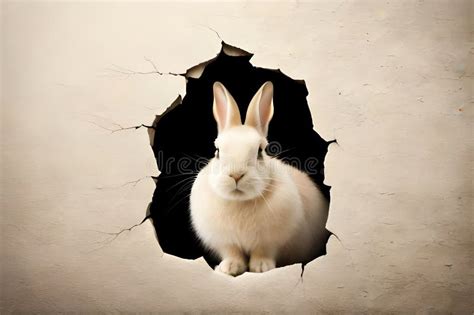 Bunny Peeking Out Of A Hole In Beige Wall Background Fluffy Cute Eared