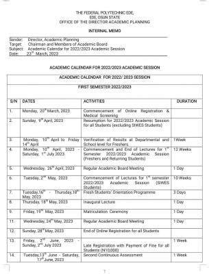 Fed Poly Ede Academic Calendar For 2022 2023 Session Myschool