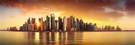 Amazing Panoramic View of Doha City, Qatar Skyline During Sunset or