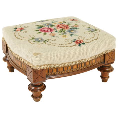 Antique Embroidered Footstool Needlepoint Victorian Scotland