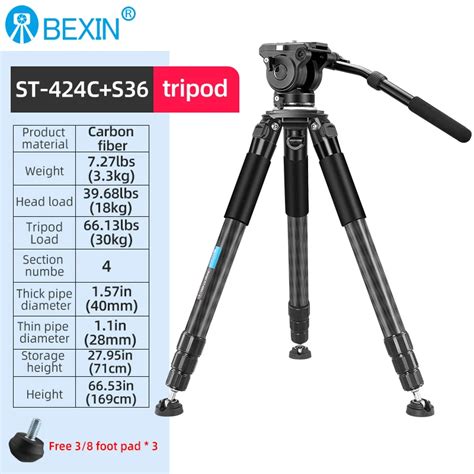 Bexin St424c Professional Heavy Duty Carbon Fiber Camera Tripod With