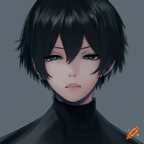 Anime Character Looking Down Short Hair Black Middle Part Hair On Craiyon