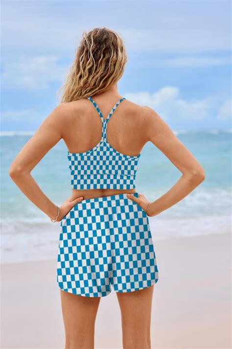 Blue Checked Spaghetti Strap Vintage Bikini Top