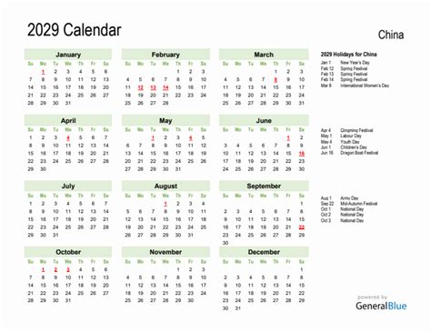 Holiday Calendar 2029 For China Sunday Start