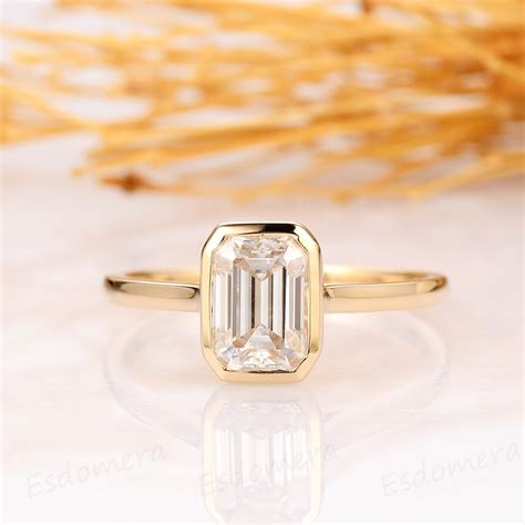 Bezel Setting Ring Ct Emerald Cut Moissanite Ring K Yellow Gold