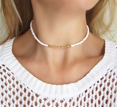 Gold Seed Bead Choker White Beaded Necklace Seed Bead Etsy