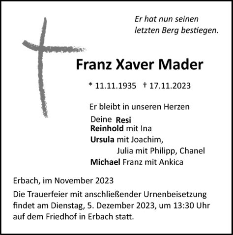 Traueranzeigen von Franz Xaver Mader Südwest Presse Trauer