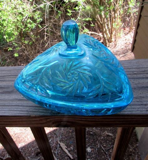 Blue Triangle Shaped Candy Dish With Lid Pin Wheel And Leaf Etsy