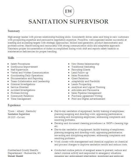 Sanitation Supervisor Resume Example