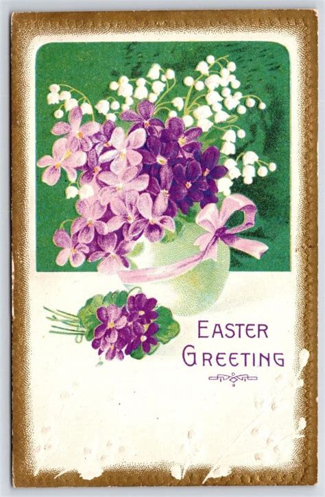 Easter Greetings Violets Forget Me Nots Vase Holiday Wishes Posted