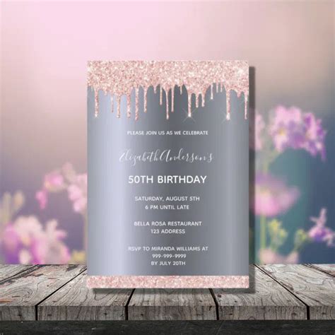 Birthday Party Rose Gold Glitter Drips Silver Invitation Zazzle