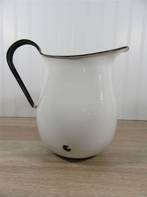 Large White Enamel Pitcher With Black Trim And Handle Vintage Solid