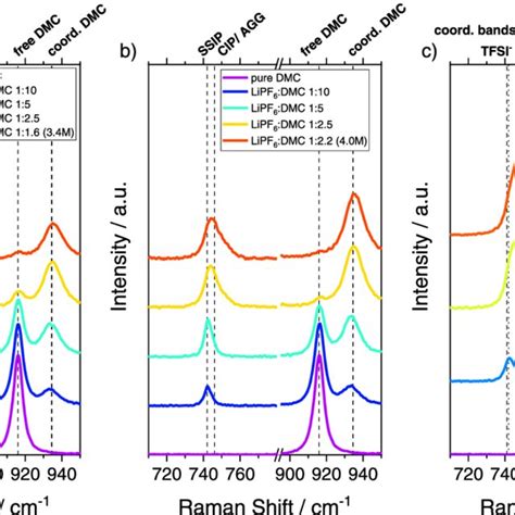 Raman Spectra Of A Litfsi In Dmc B Lipf In Dmc And C N N