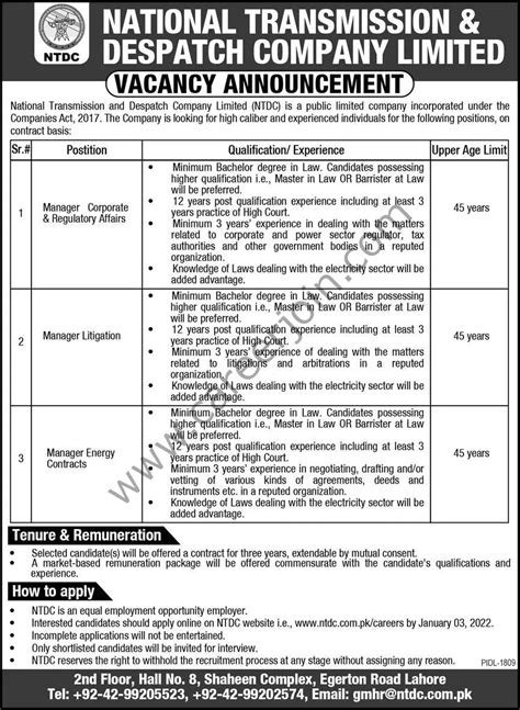 National Transmission Despatch Company Ltd Ntdc Jobs December