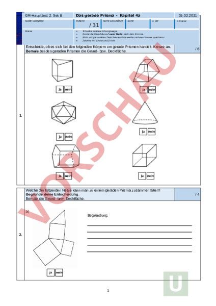 Arbeitsblatt Das Gerade Prisam Geometrie K Rper Figuren