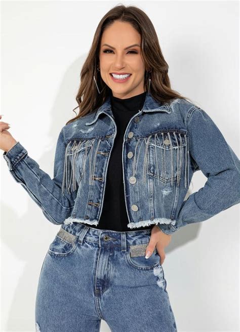 Jaqueta Jeans Cropped Com Franja E Rasgos Sawary Sawary Jeans