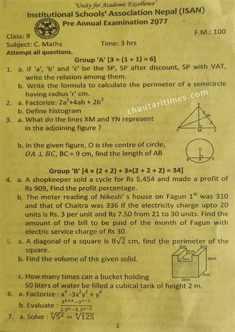 Class 9 Compulsory Maths Question Paper ISAN Pre Annual Examination