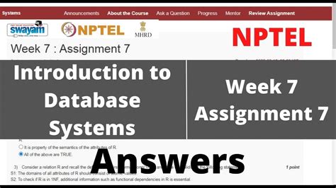 NPTEL Introduction To Database Systems WEEK 7 ASSIGNMENT ANSWERS YouTube