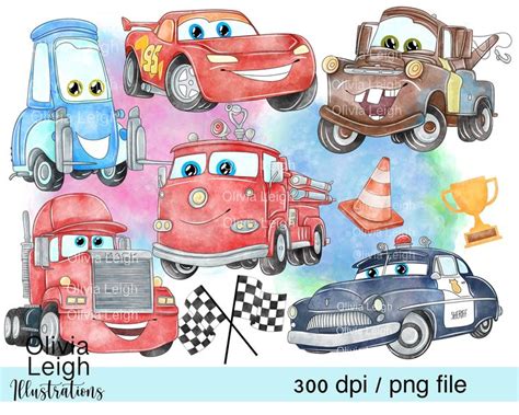 Set Of Cars Cute Clipart Watercolour Backgrounds PNG Files DIGITAL