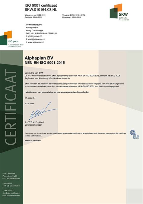 Certificaat ISO 9001 2015 Alphaplan Adviseurs In Bouwen