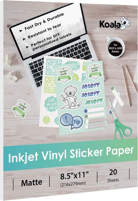 Koala Printable Vinyl Sticker Paper For Inkjet Printer 20 Sheets