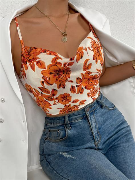 Crop Cami Top Mit Blume Muster Wasserfallausschnitt